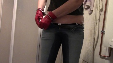 Piss in tight jeans with handcuffs