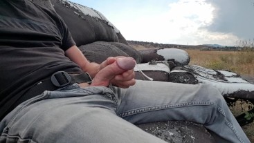 Public piss and cum on an abandoned couch