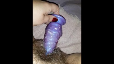 Fat hairy pussy creams on big purple dildo