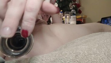 Post op trans woman fucks and gapes her ass with a long glass dildo
