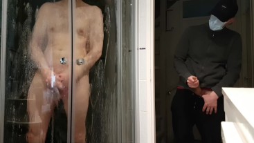 straight roommate caught while secretly jerk off on stud who masturbate in shower wearing fake titts