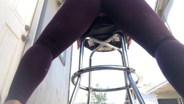 Squirting pee while humping my pussy and grinding my clit on a barstool outside in ripped leggings