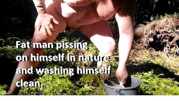 Fat Chub pissing on himself in forest with uncut fat dick and washing himself.