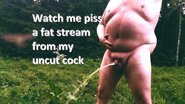 superchub pissing HUGE FAT STREAM of sweet piss, massaging his balls while wife is watchin inside